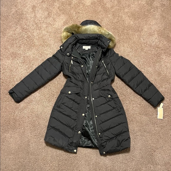 Michael Kors Faux-Fur Trim Hooded Down Coat Color - DARK MOSS SMALL - Picture 1 of 4